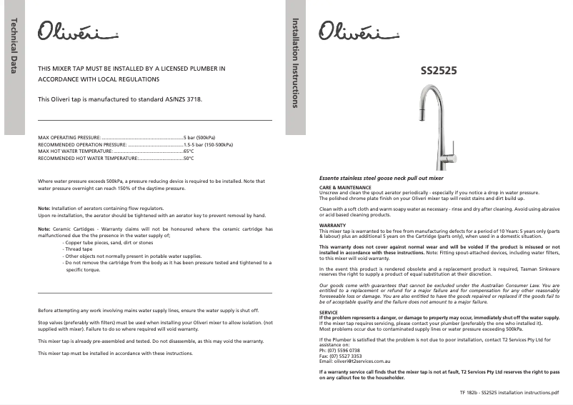 Page 1 de la notice Guide d'installation Oliveri SS2525