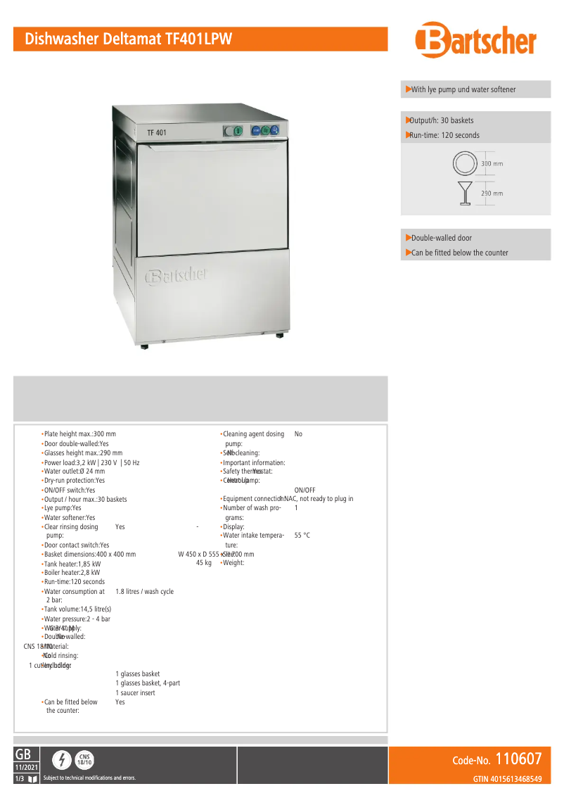 Page n°1 - Fiche technique Bartscher TF401LPW