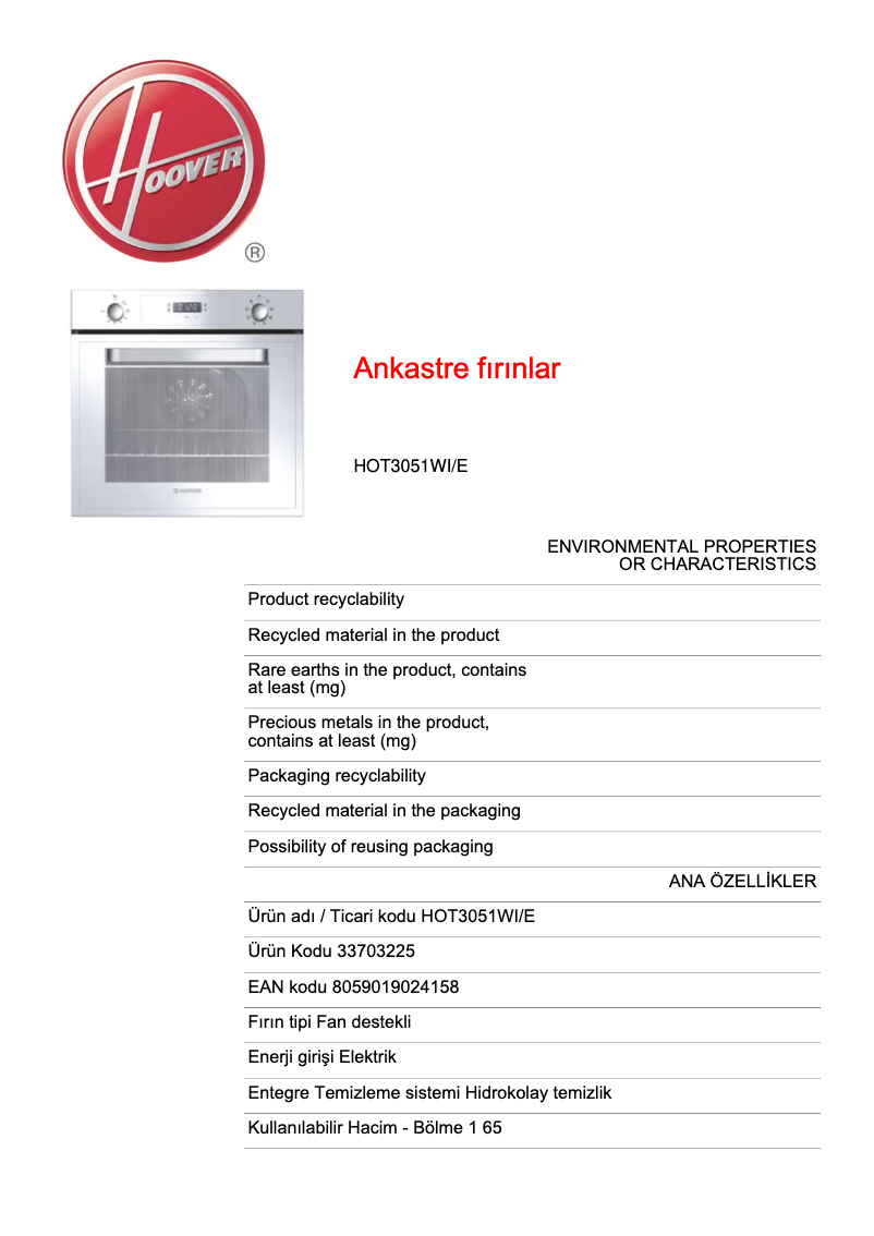 Page n°1 - Fiche technique Hoover HOT3051WI