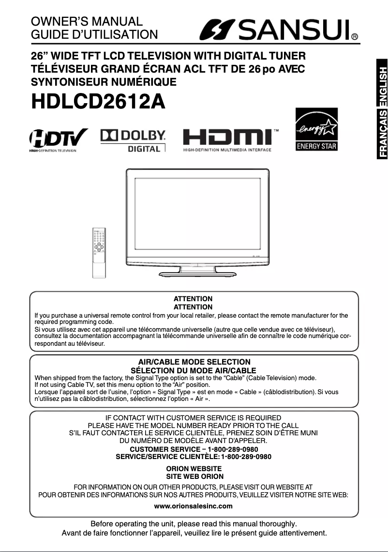 Image de la première page du manuel de l'appareil HDLCD2612A