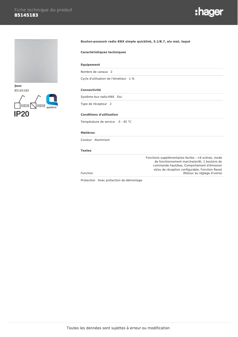 Page 1 de la notice Fiche technique Hager 85145183