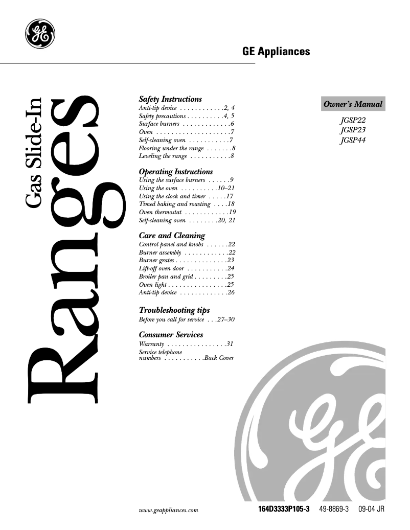 Page 1 de la notice Manuel d'utilisation et d'entretien GE JGSP23WEYWW