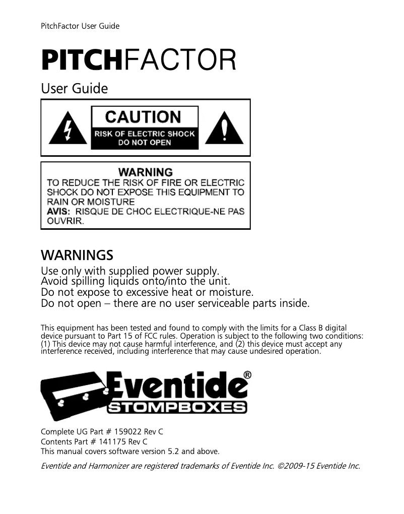 Page 1 de la notice Manuel utilisateur Eventide PitchFactor
