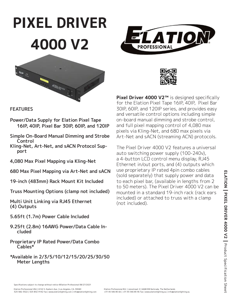 Page 1 de la notice Fiche technique Elation PIXEL DRIVER 4000 V2