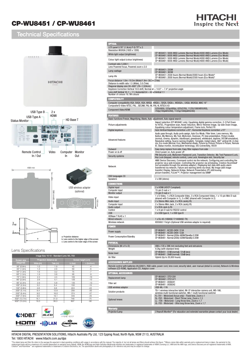 Page n°1 - Fiche technique Hitachi CP-WU8451