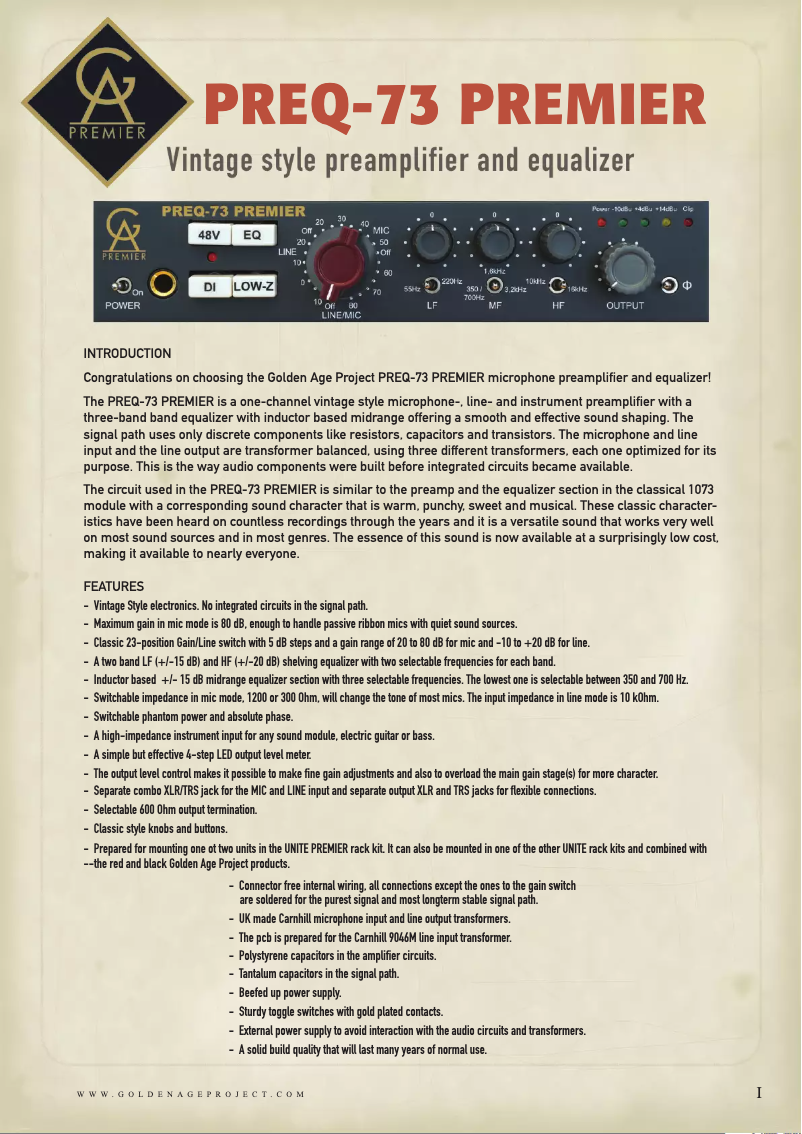 Page n°1 - Manuel utilisateur Golden Age Project PREQ-73 Premier