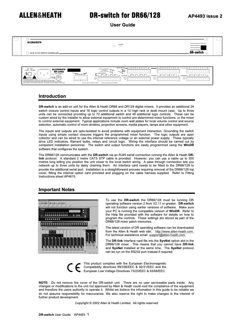 Page n°1 - Manuel utilisateur Allen & Heath DR Switch