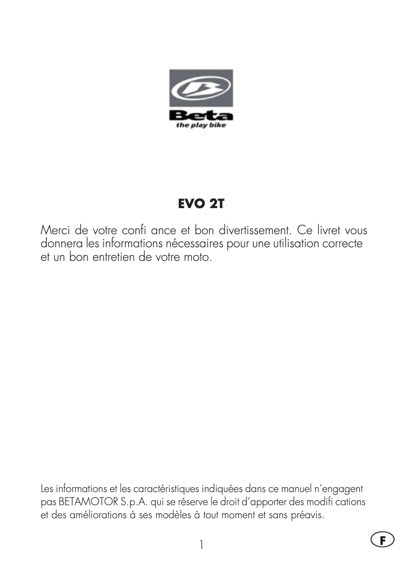 Page 1 de la notice Manuel utilisateur Beta Evo 2T 125 (2014)