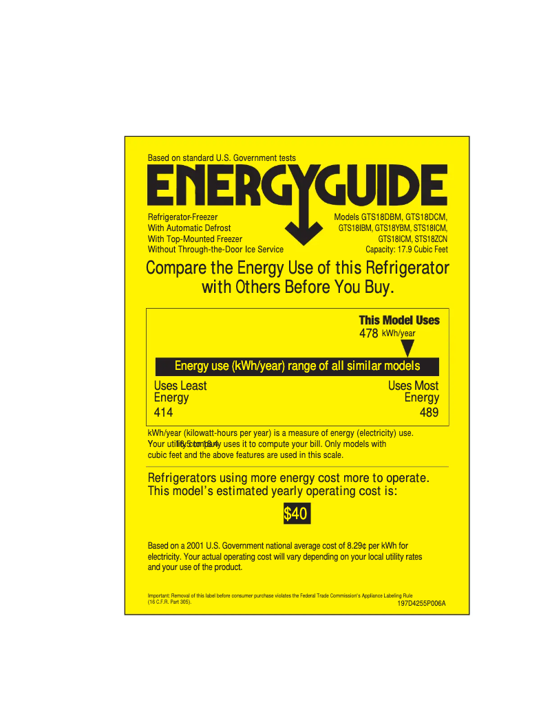 Page 1 de la notice Label énergétique GE GTS18DBMLAA