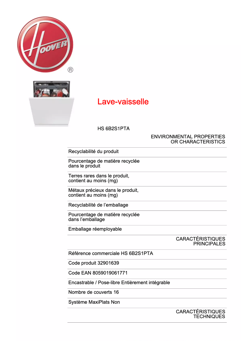 Page n°1 - Fiche technique Hoover H-DISH 700