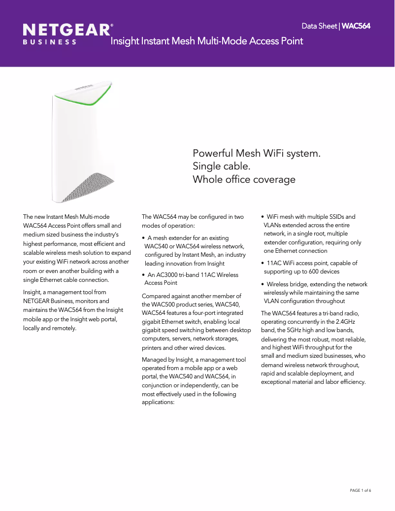 Page 1 de la notice Fiche technique Netgear WAC564
