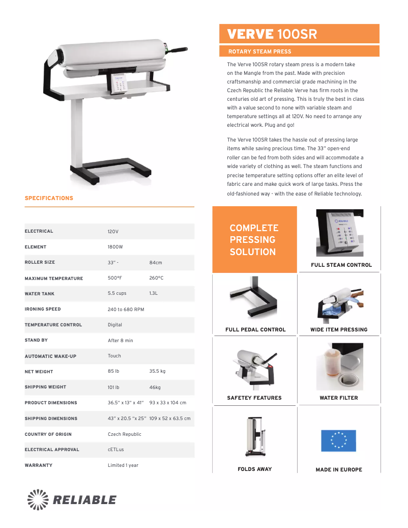 Page n°1 - Fiche technique Reliable 100SR