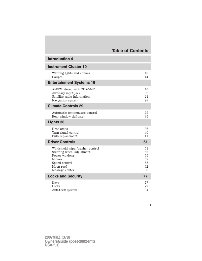 Page n°1 - Manuel utilisateur Lincoln MKZ (2007)