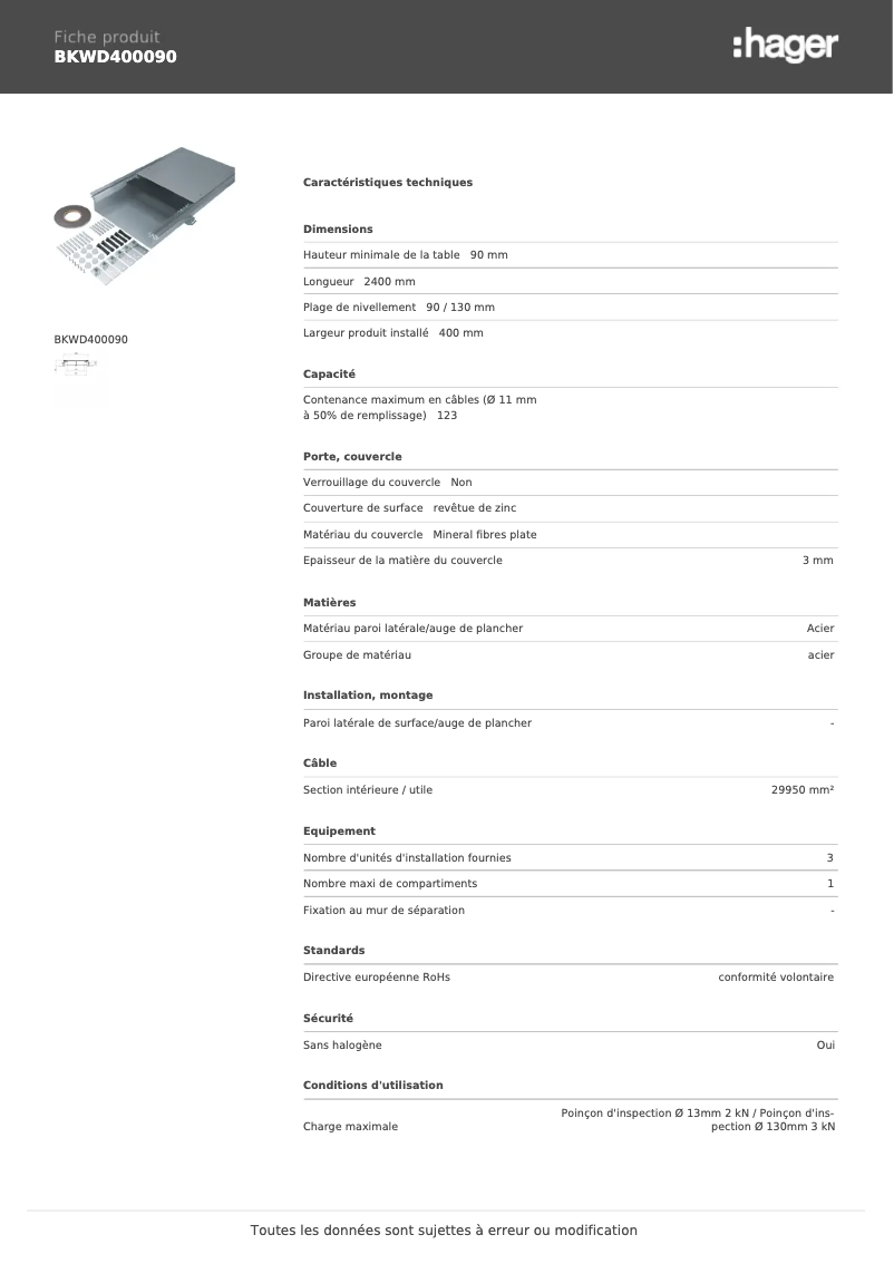 Page n°1 - Fiche technique Hager BKWD400090