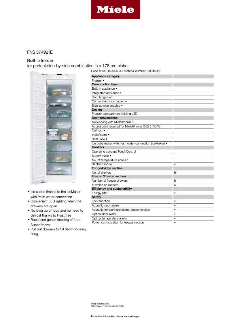 Page 1 de la notice Fiche technique Miele FNS 37492 iE
