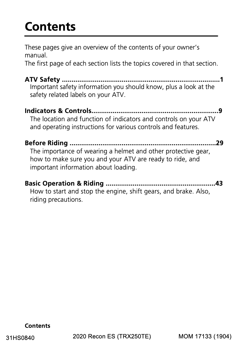 Image de la première page du manuel de l'appareil FourTrax Recon TRX250TM (2020)