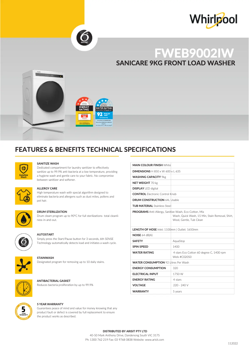 Page 1 de la notice Fiche technique Whirlpool FWEB9002IW