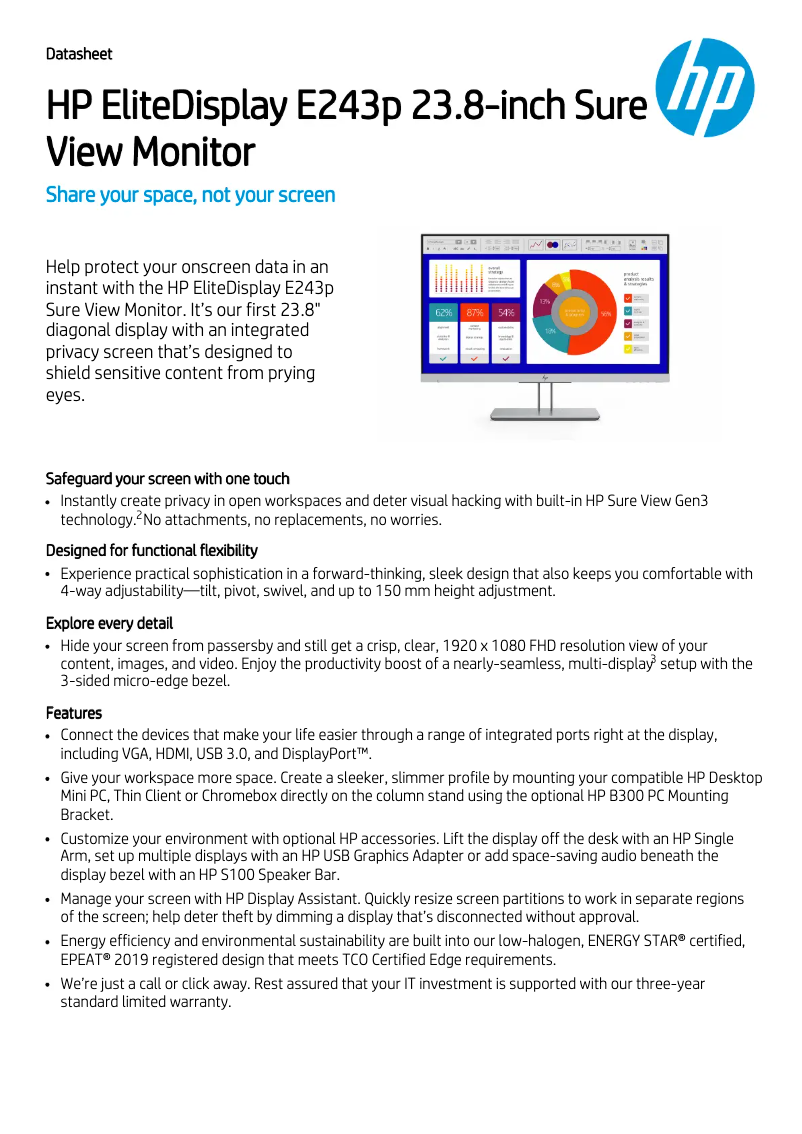 Page 1 de la notice Fiche technique HP EliteDisplay E243p