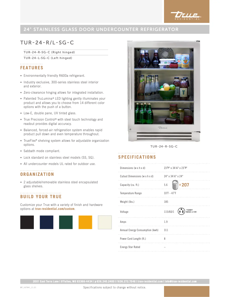 Page 1 de la notice Fiche technique True TUR-24-R-SG-C