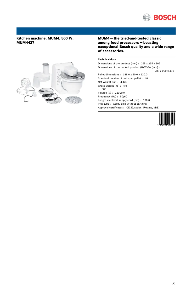 Page n°1 - Fiche technique Bosch MUM4427