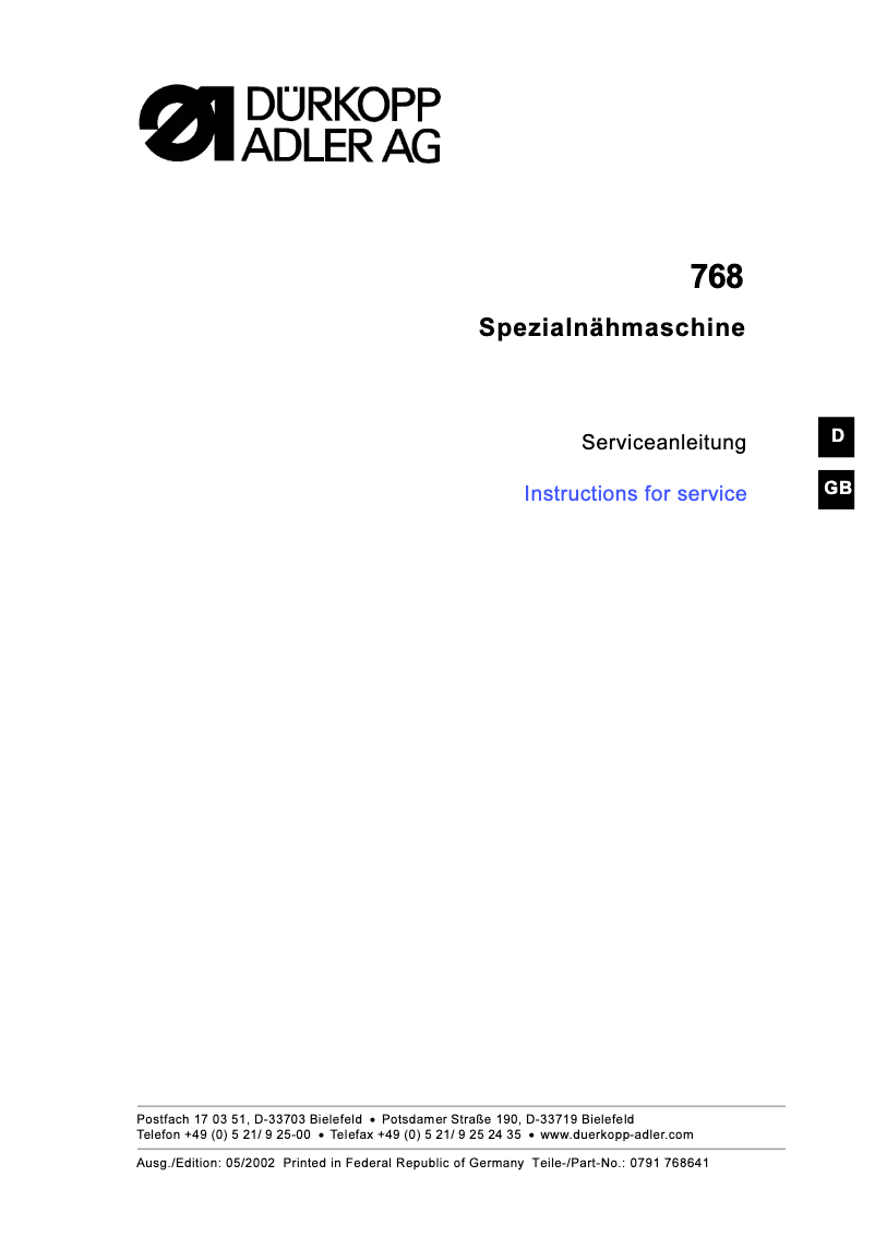 Page 1 de la notice Manuel utilisateur Dürkopp Adler 768