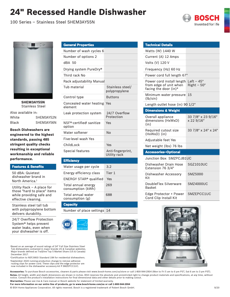 Page n°1 - Fiche technique Bosch SHEM3AY55N