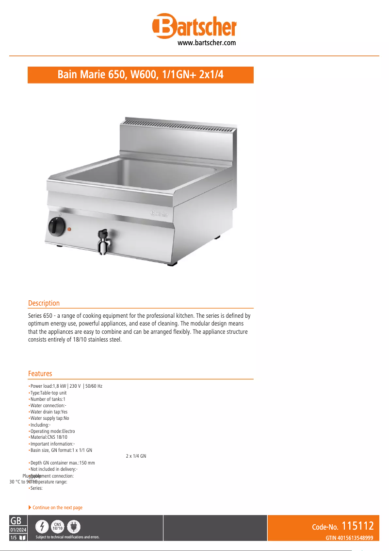 Page n°1 - Fiche technique Bartscher 115112