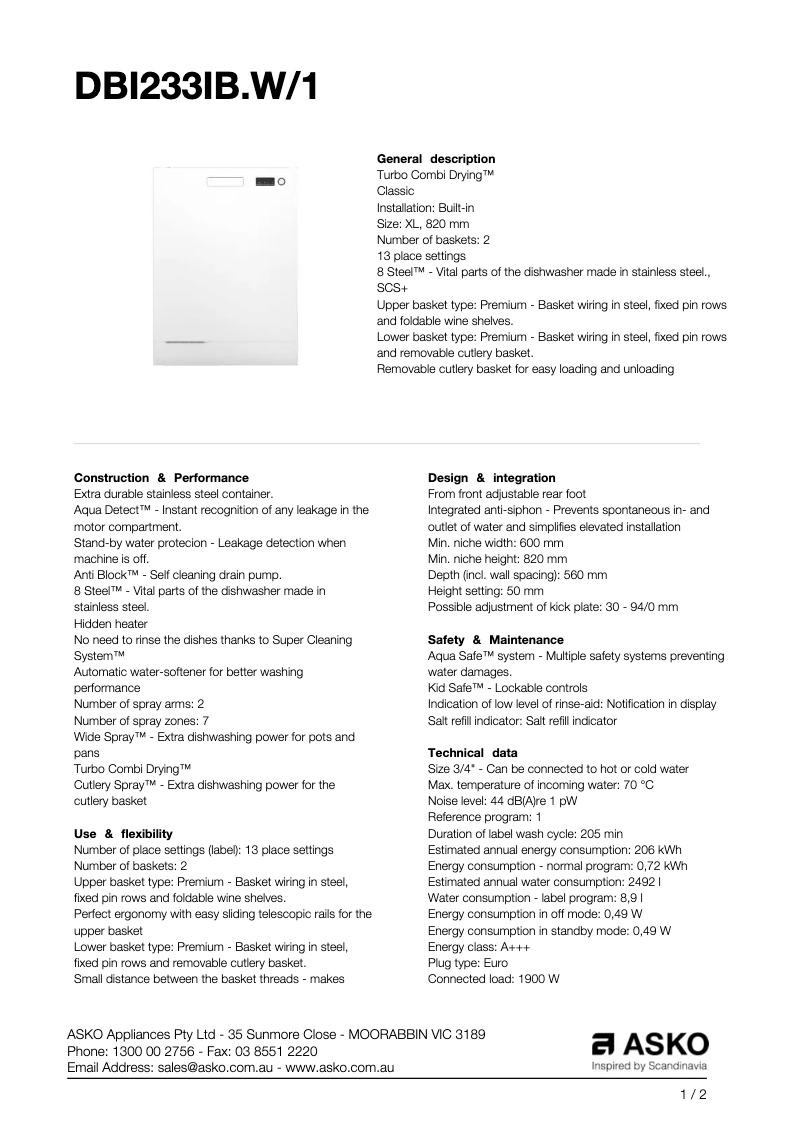 Page 1 de la notice Fiche technique Asko DBI233IB