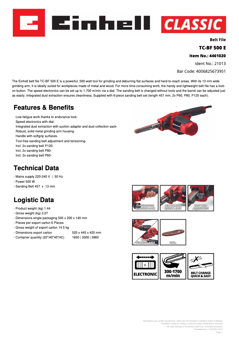 Page 1 de la notice Fiche technique Einhell TC-BF 500 E