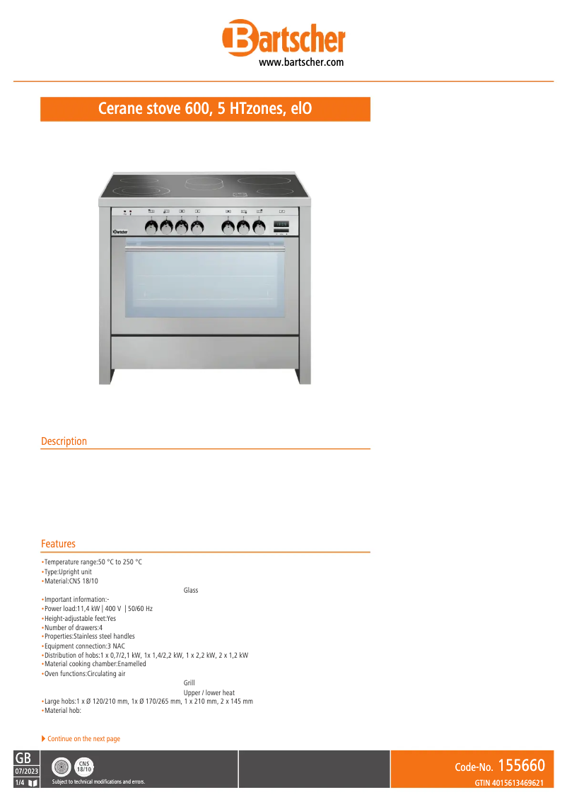 Page 1 de la notice Fiche technique Bartscher 155660