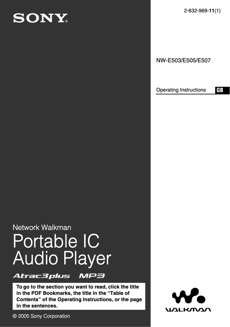 Image de la première page du manuel de l'appareil Walkman NW-E503S