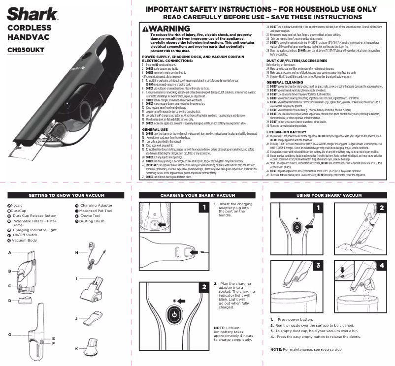 Page 1 de la notice Manuel utilisateur Shark HandVac CH950UKT