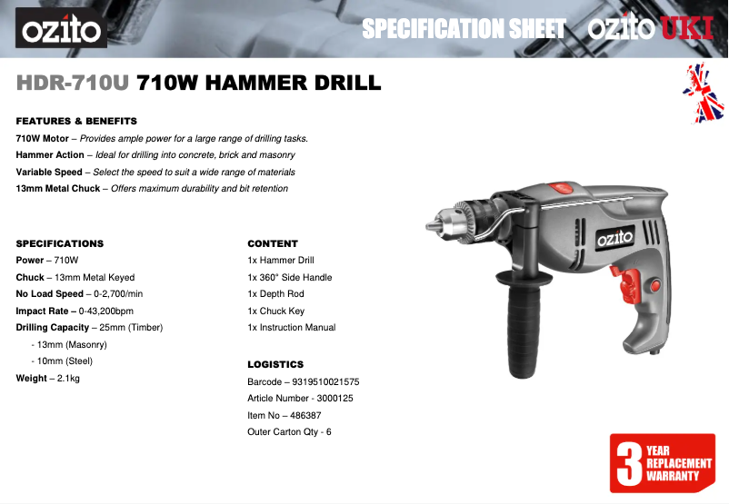 Page 1 de la notice Fiche technique Ozito HDR-710U