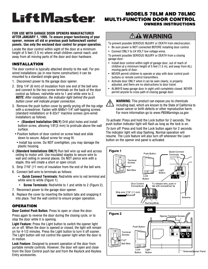 Page n°1 - Manuel utilisateur LiftMaster 78LM