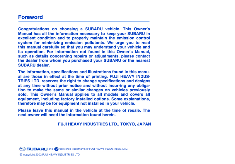 Image de la première page du manuel de l'appareil Impreza (2003)