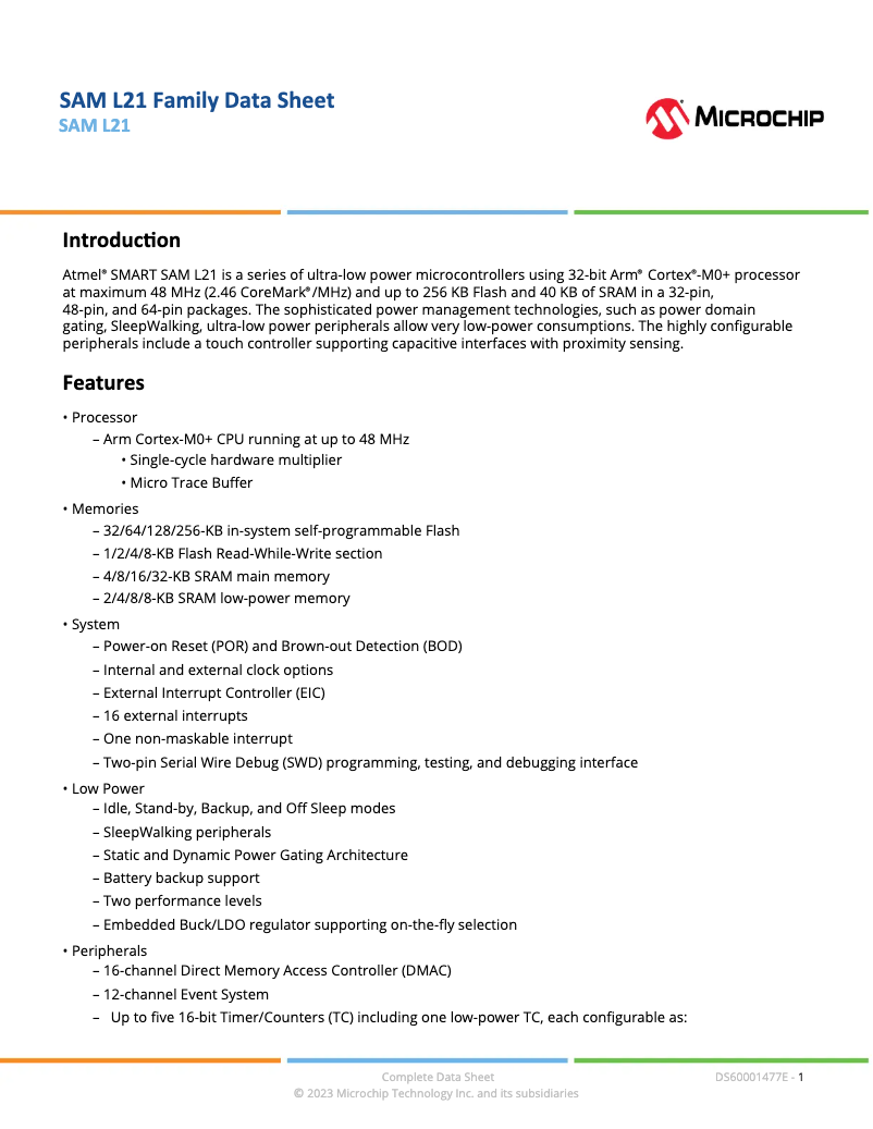 Imagen de la primera página del manual del dispositivo ATSAML21E17B