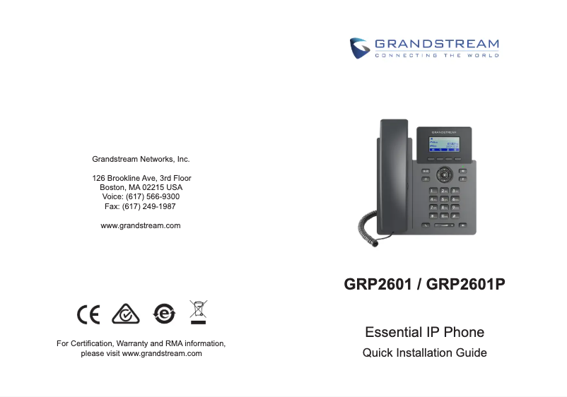 Page 1 de la notice Guide de démarrage rapide Grandstream GRP2601