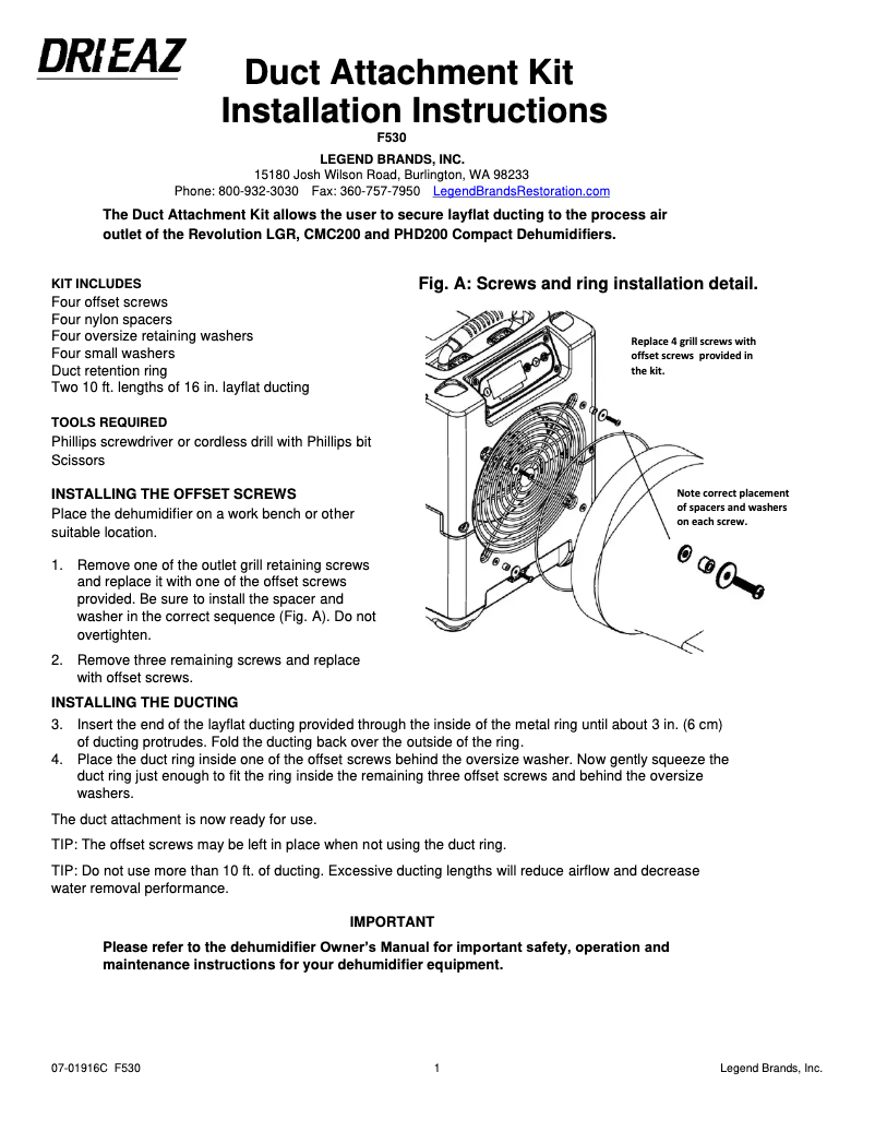 Page 1 de la notice Manuel utilisateur Dri Eaz F530