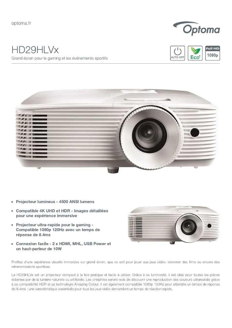 Page 1 de la notice Fiche technique Optoma HD29HLVx