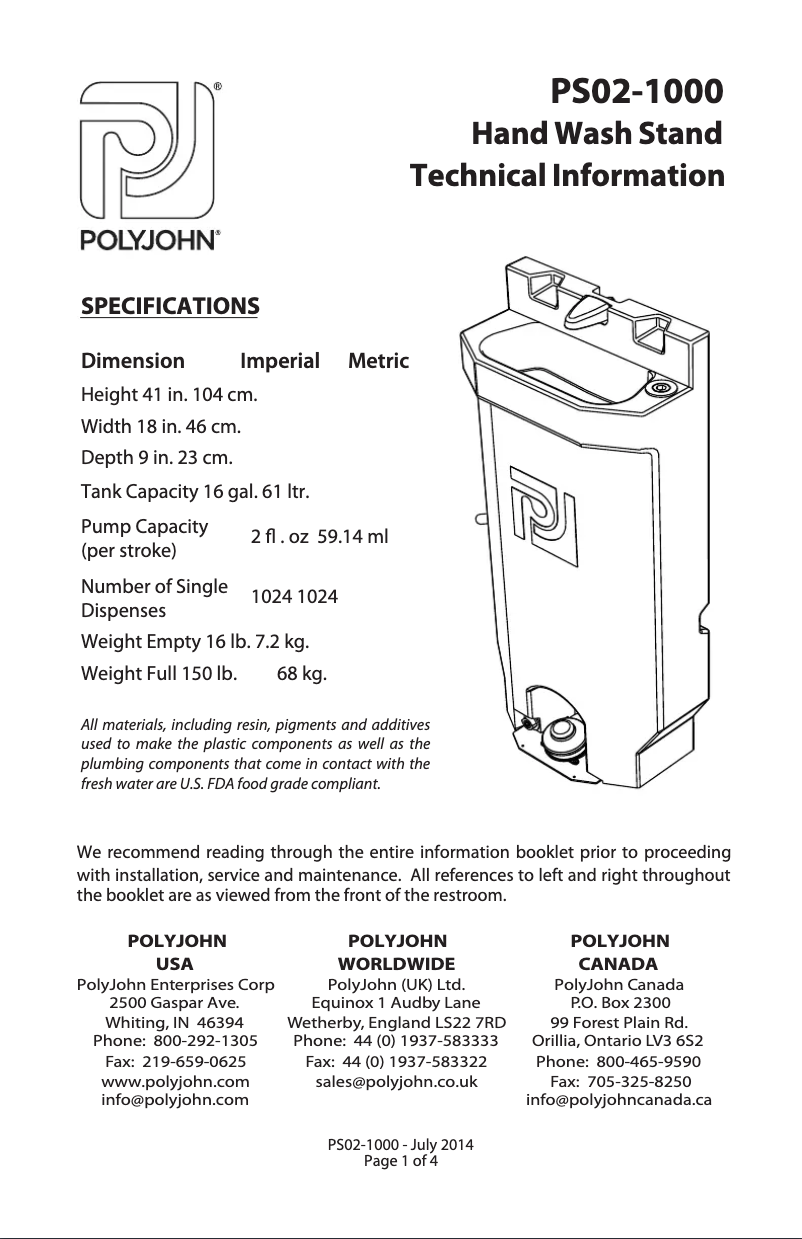 Page n°1 - Manuel utilisateur PolyJohn PJG3-1001