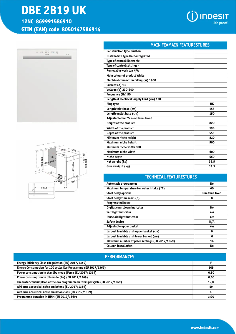 Page 1 de la notice Fiche technique Indesit DBE 2B19UK
