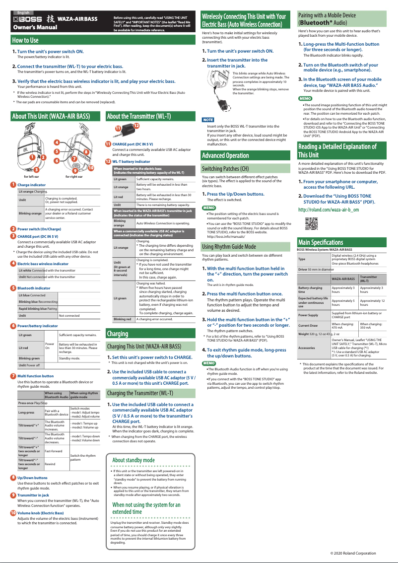 Page 1 de la notice Manuel utilisateur Boss WAZA-AIR BASS