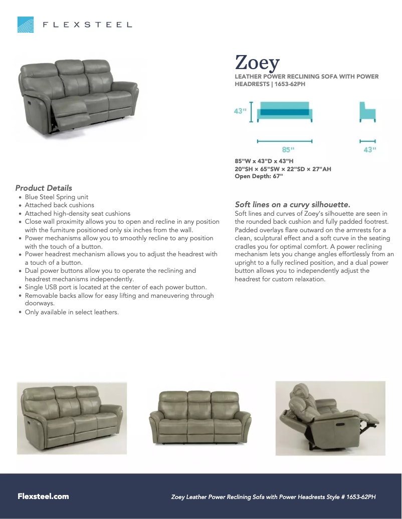Page 1 de la notice Fiche technique Flexsteel Zoey 1653-62PH