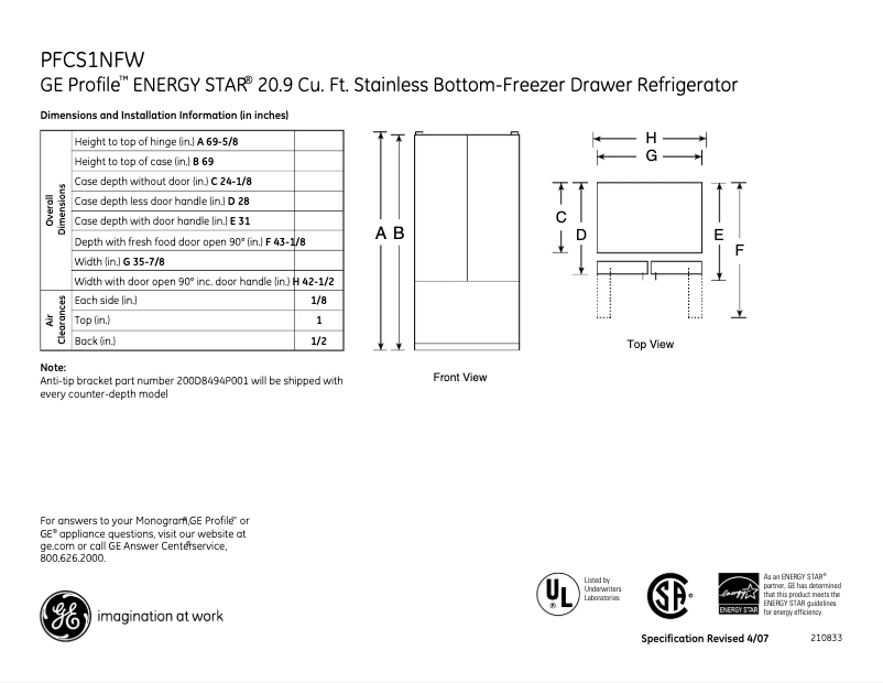 Page 1 de la notice Fiche technique GE Profile PFCS1NFWSS