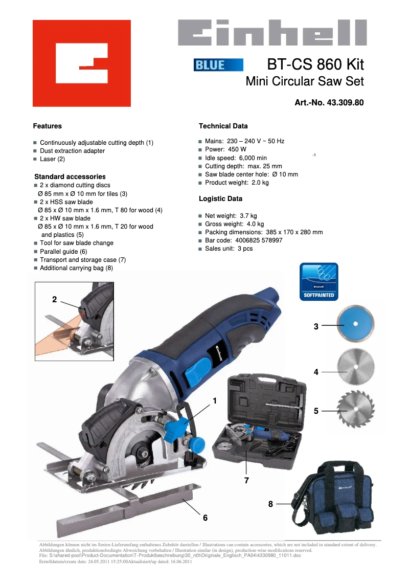 Page n°1 - Manuel utilisateur Einhell BT-CS 860 Kit
