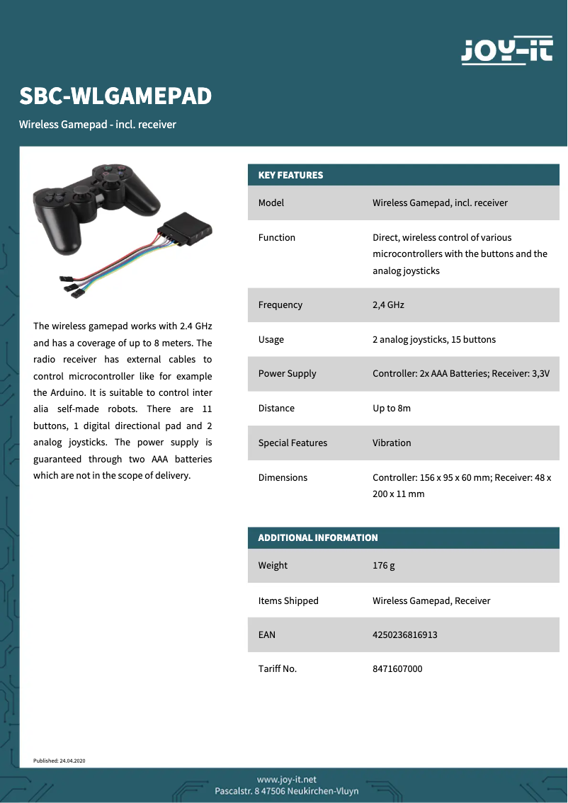 Página 1 del manual Ficha técnica Joy-It SBC-WLGamepad