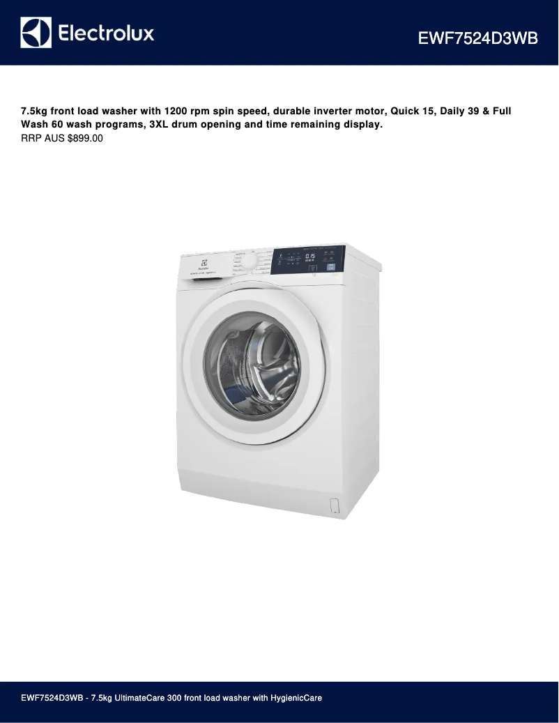 Page 1 de la notice Fiche technique Electrolux EWF7524D3WB