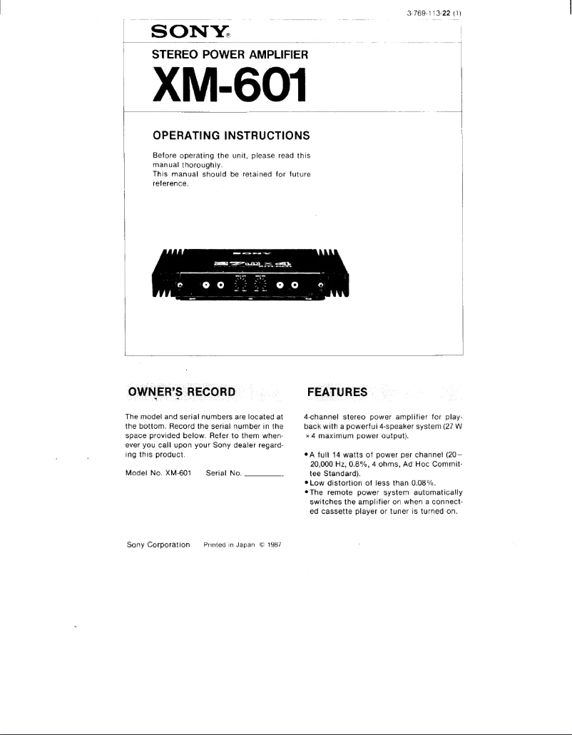 Page 1 de la notice Manuel utilisateur Sony XM-601