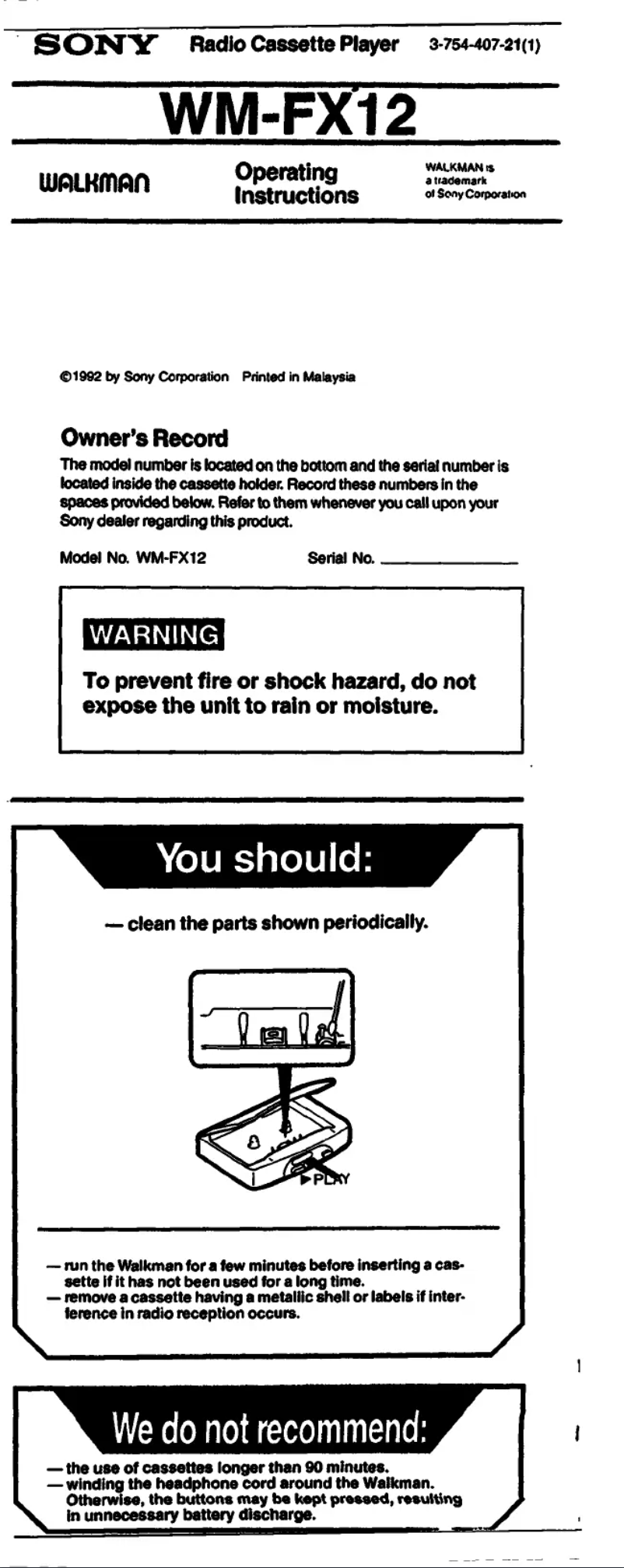 Page 1 de la notice Manuel utilisateur Sony Walkman WM-FX12