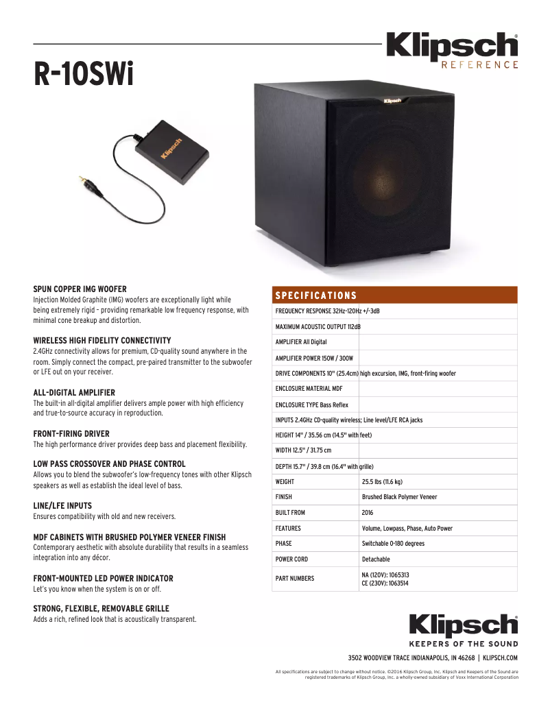 Page 1 de la notice Fiche technique Klipsch R-10SWi
